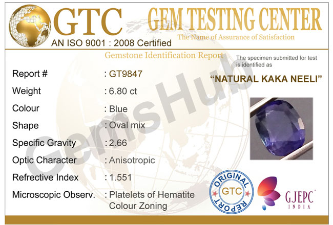Natural Kaka Neeli Stone 6.80 ct